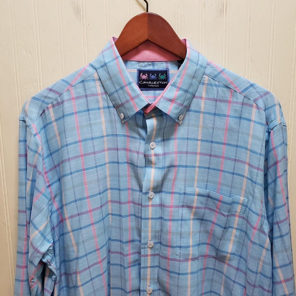 Charleston Threads Shirt Mens Large Blue Pink Plaid Long Sleeve‎ Button-Down